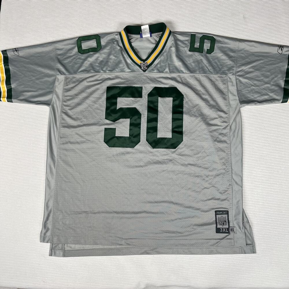 Green Bay Packers Jersey Mens 3XL Gray NFL Football AJ Hawk 50 Reebok Stitched